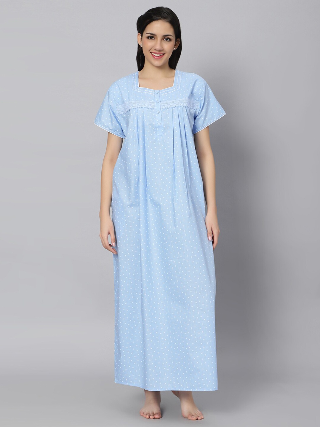 

QUIRA Ethnic Motifs Printed Lace Detail Maxi Nightdress, Blue
