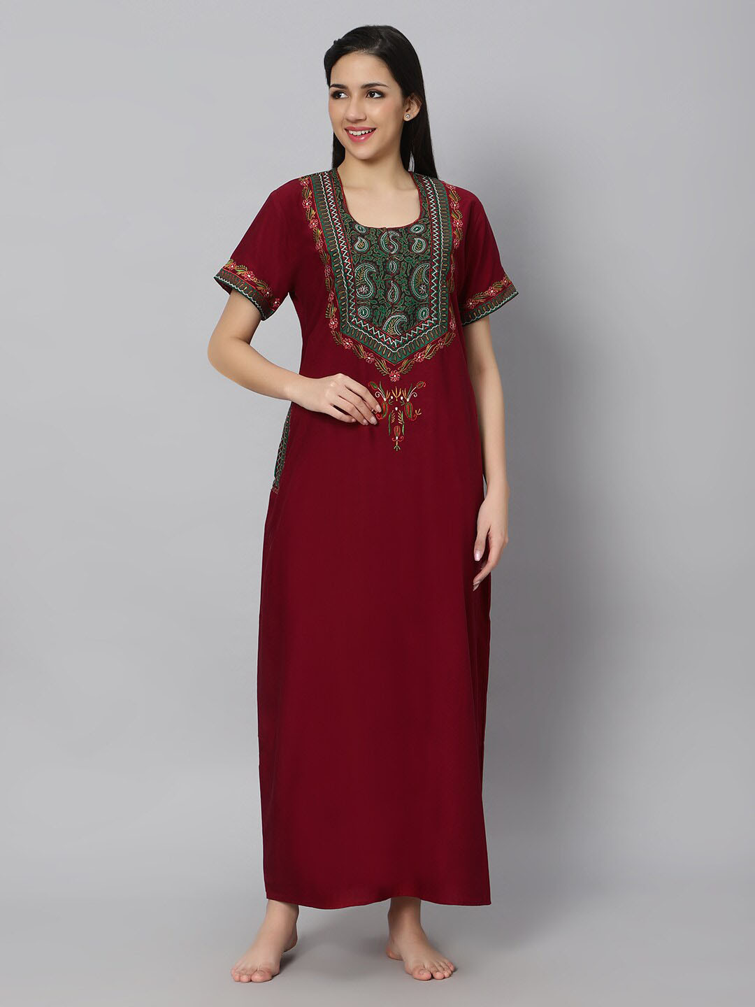 

QUIRA Paisley Embroidered Maxi Nightdress, Maroon