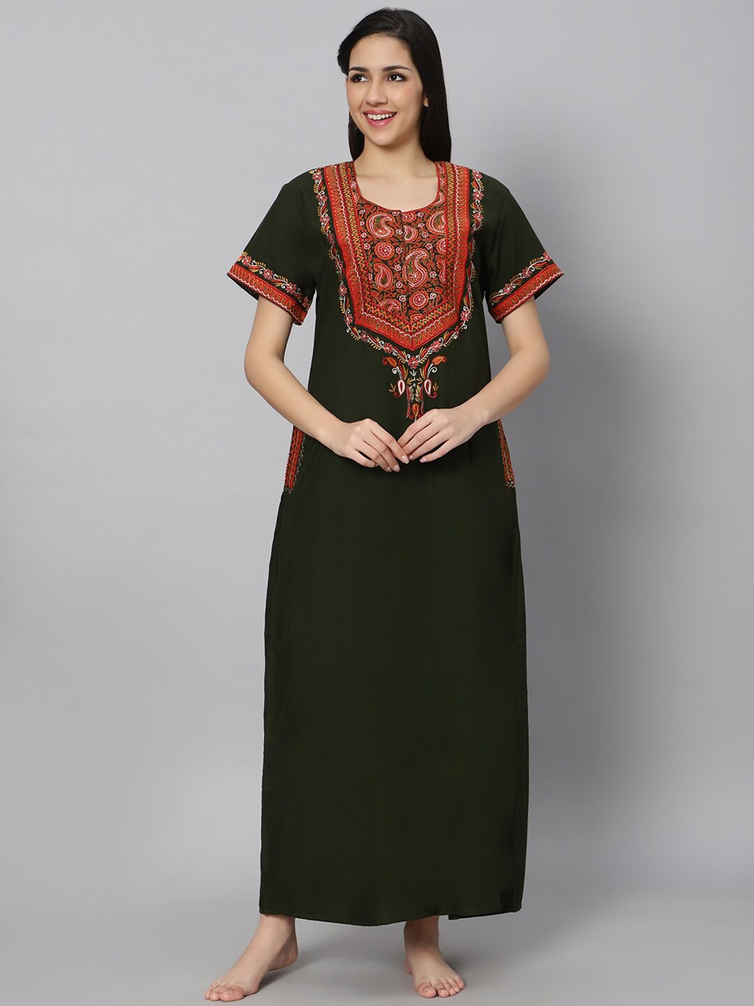 

QUIRA Ethnic Motifs Embroidered Maxi Nightdress, Green