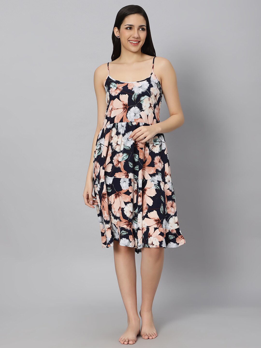 

QUIRA Printed Knee Length Nightdress, Navy blue