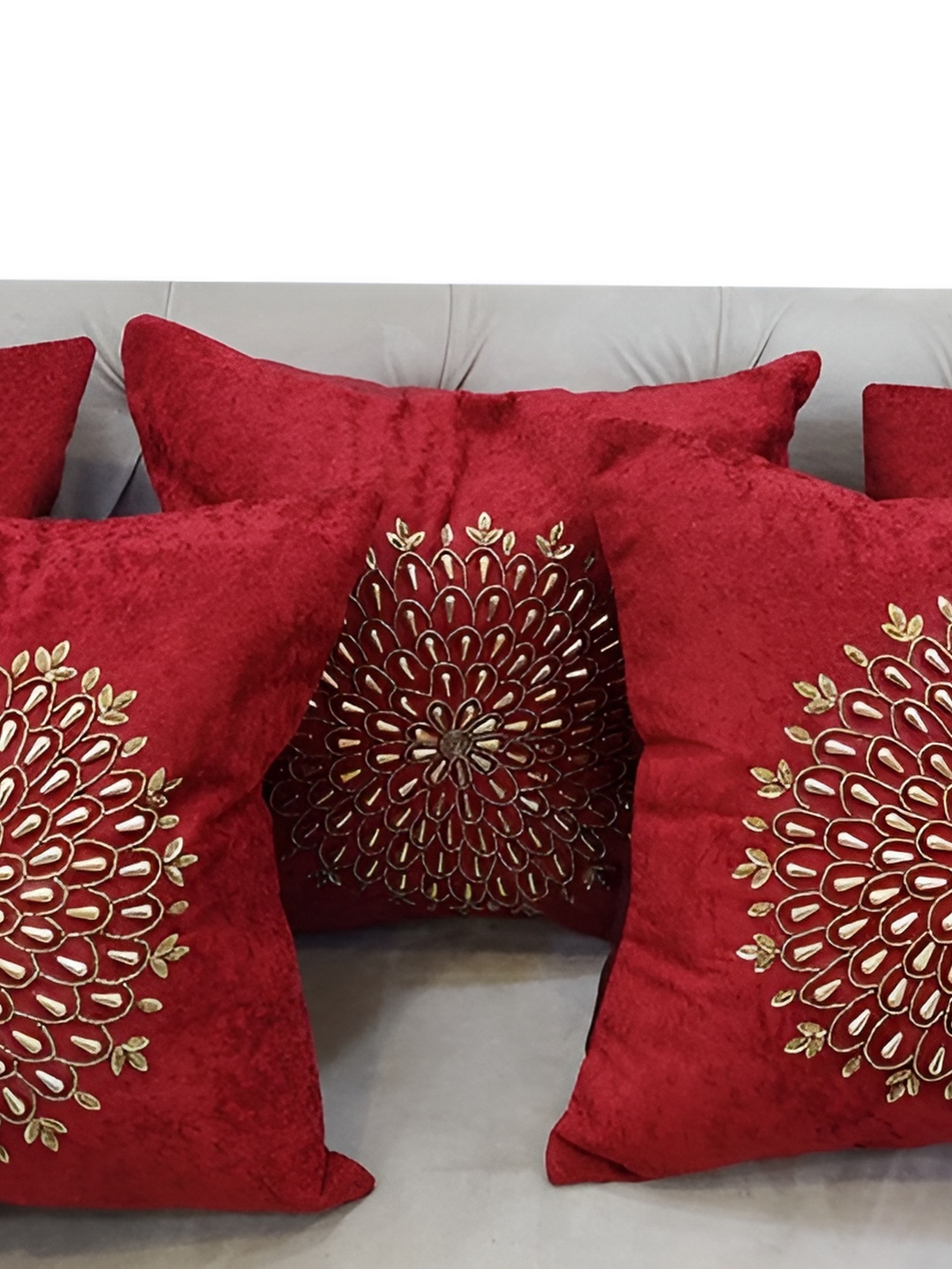 

Good Vibes Gold-Toned & Red 5 Pieces Embellished Velvet Square Cushion Covers