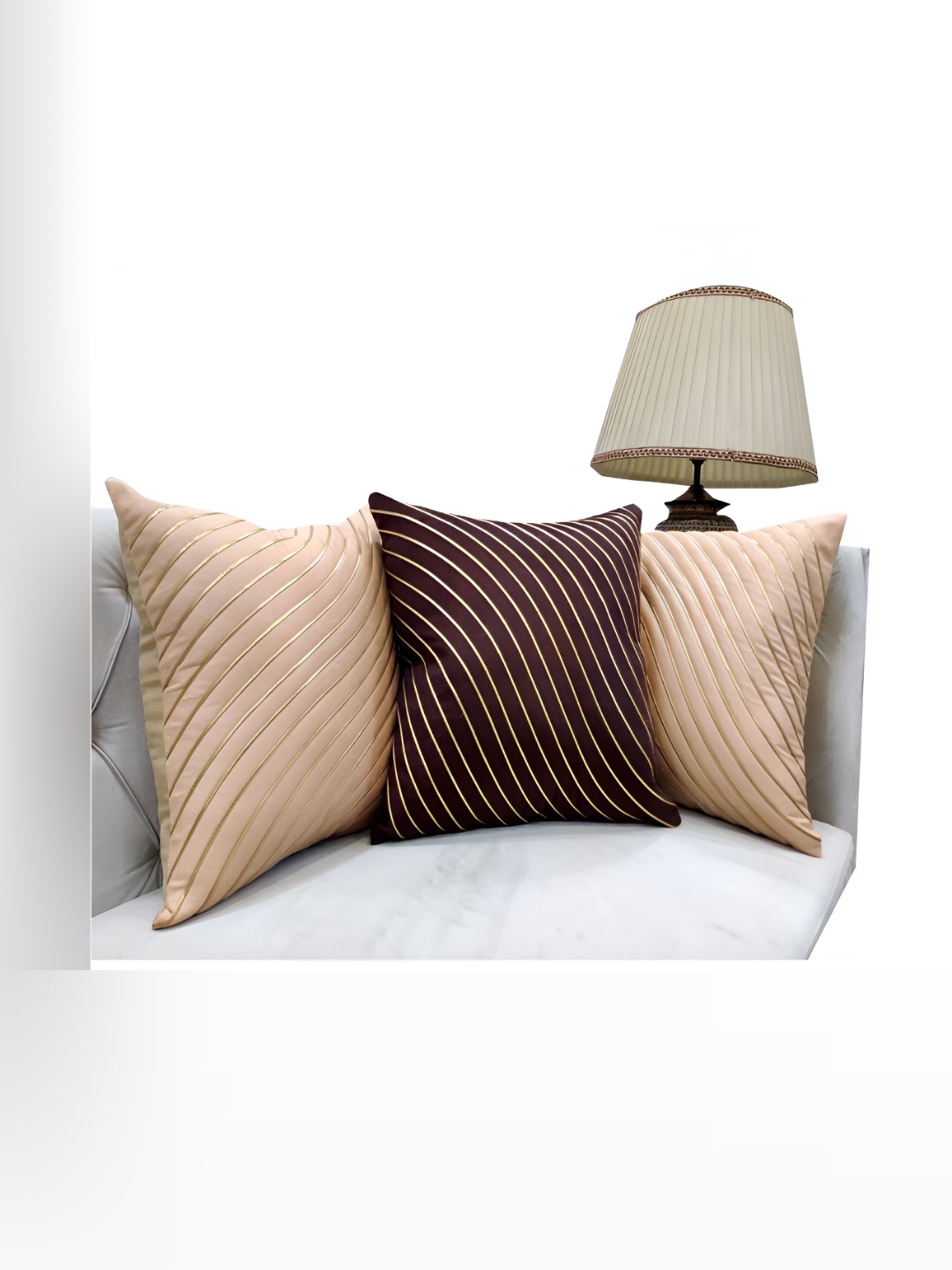 

Good Vibes Gold-Toned & Brown 3Pcs Striped Square Cushion Covers