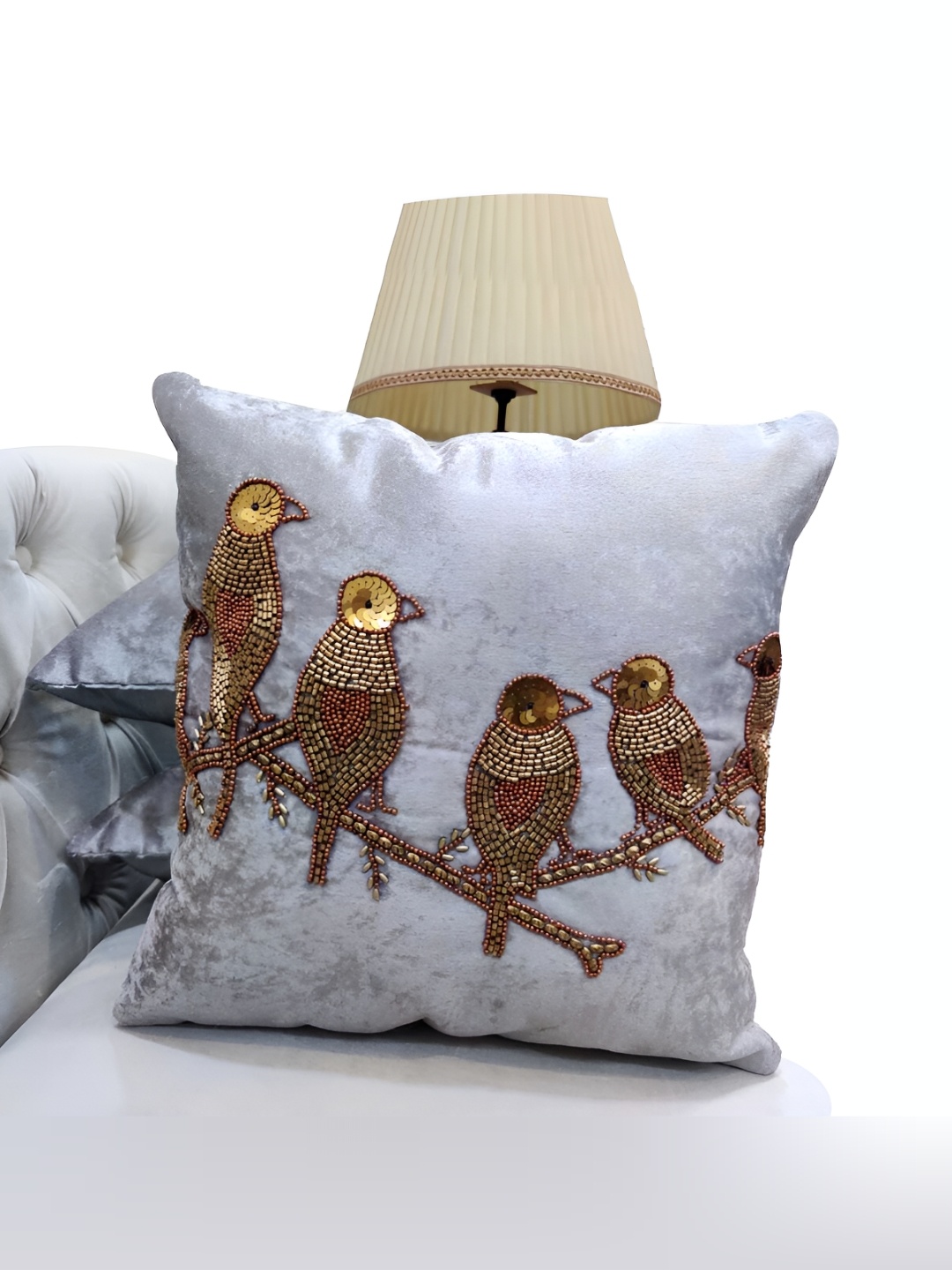 

Good Vibes Gold-Toned & White 3Pcs Embellished Velvet Square Cushion Covers