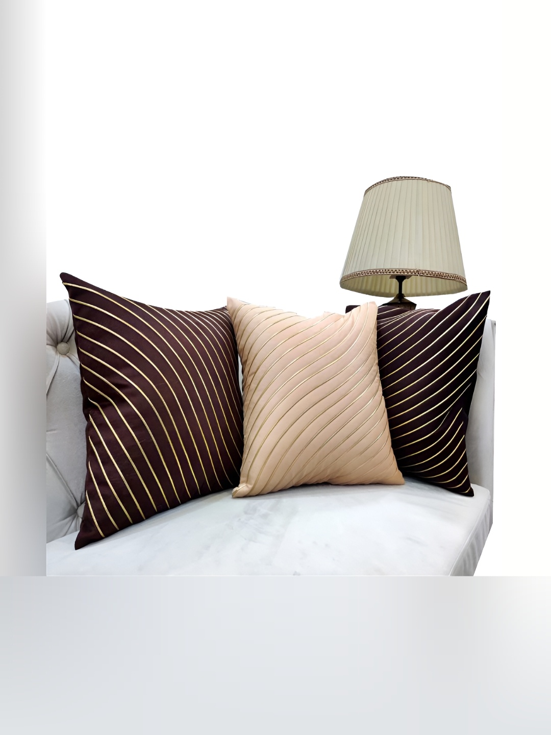 

Good Vibes Gold-Toned & Maroon 3 Pieces Striped Square Embroidered Cushion Covers