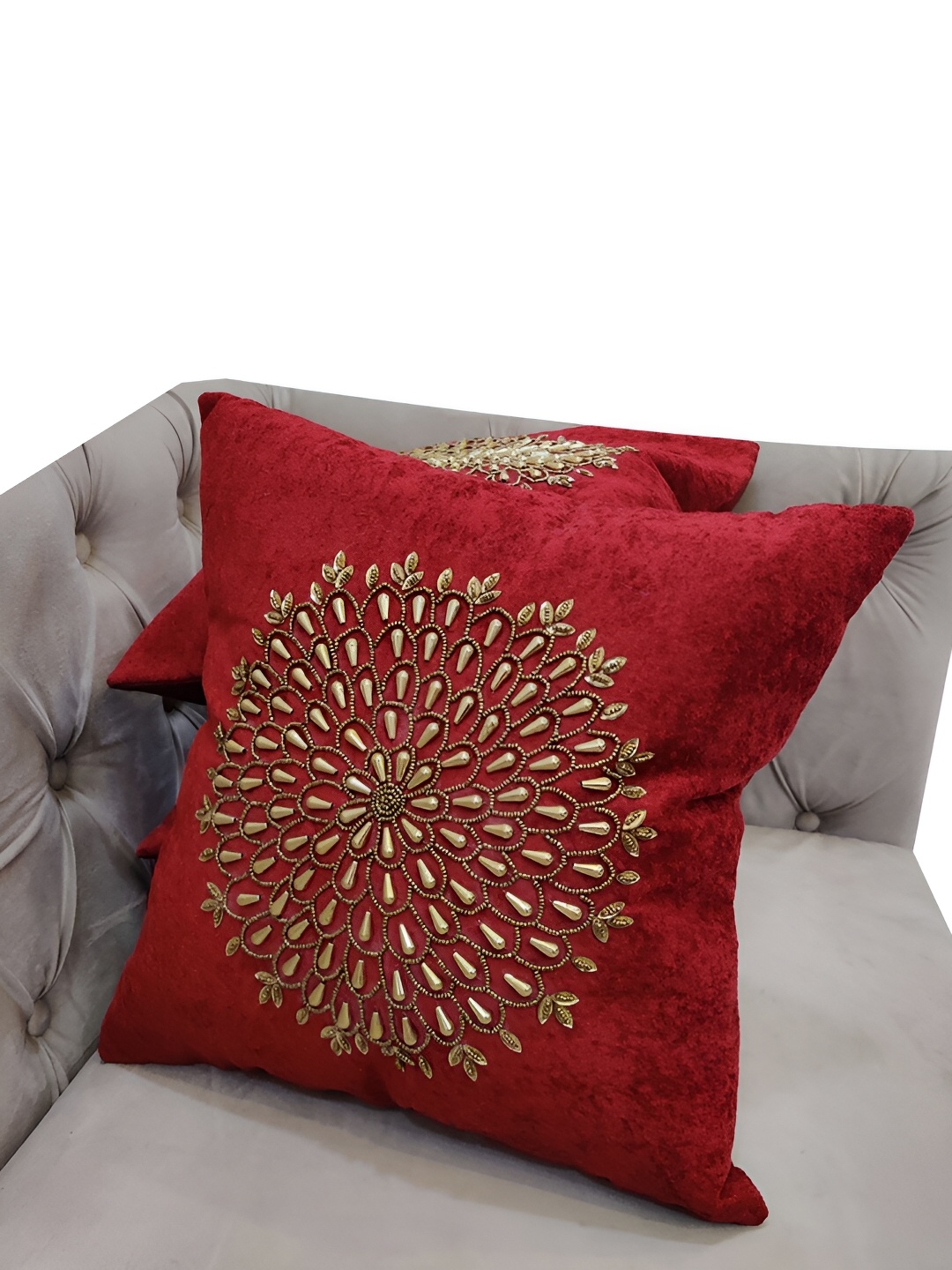 

Good Vibes Gold-Toned & Red 3Pcs Embellished Square Cushion Covers