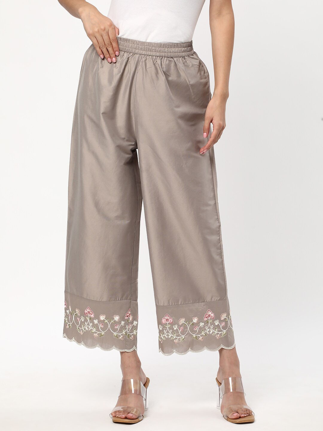 

R&B Floral Hem Design Palazzos, Grey