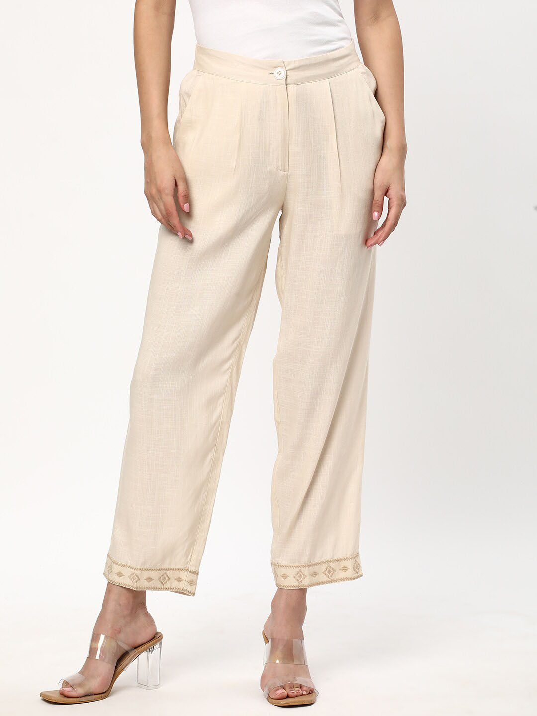 

R&B Ethnic Motifs Hem Design Palazzos, Beige