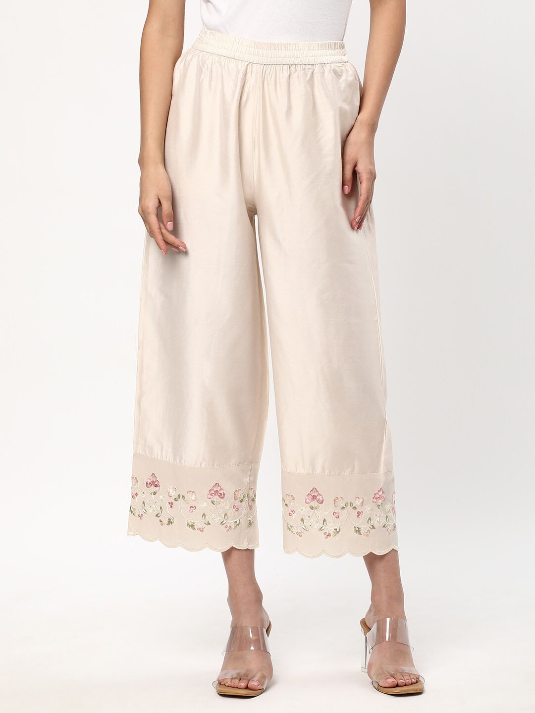 

R&B Ethnic Motifs Embroidered Palazzos, White
