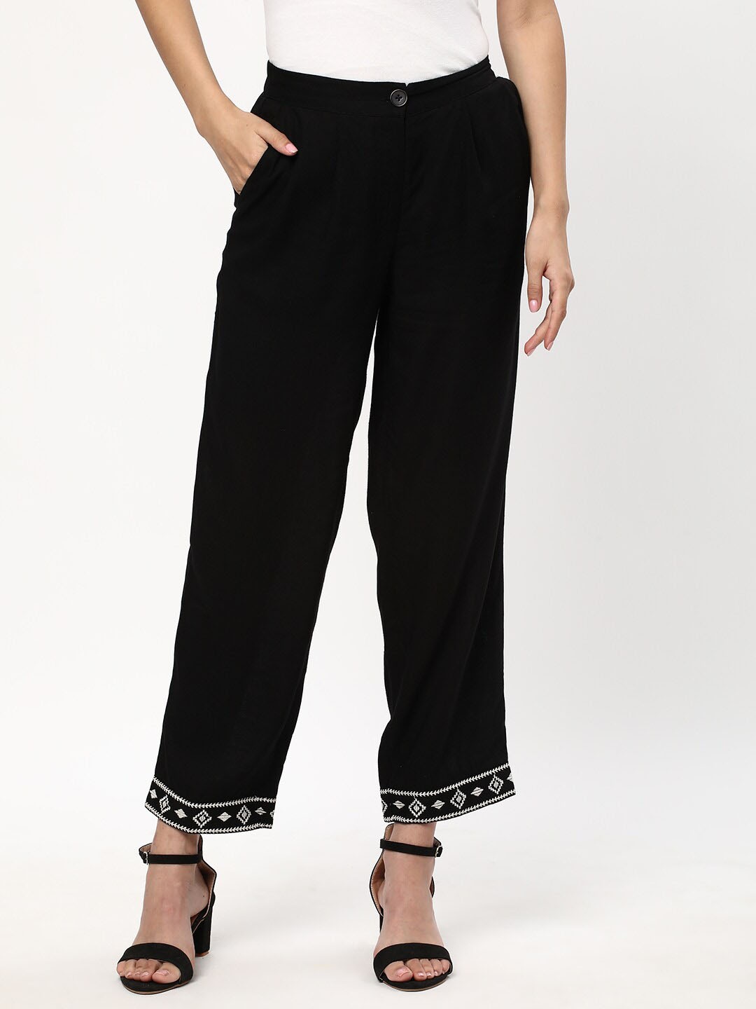 

R&B Floral Hem Design Palazzos, Black