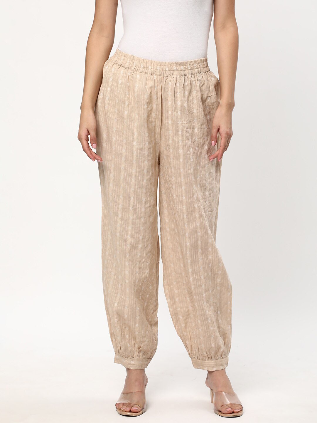 

R&B Ethnic Motifs Striped Cotton Palazzos, Beige