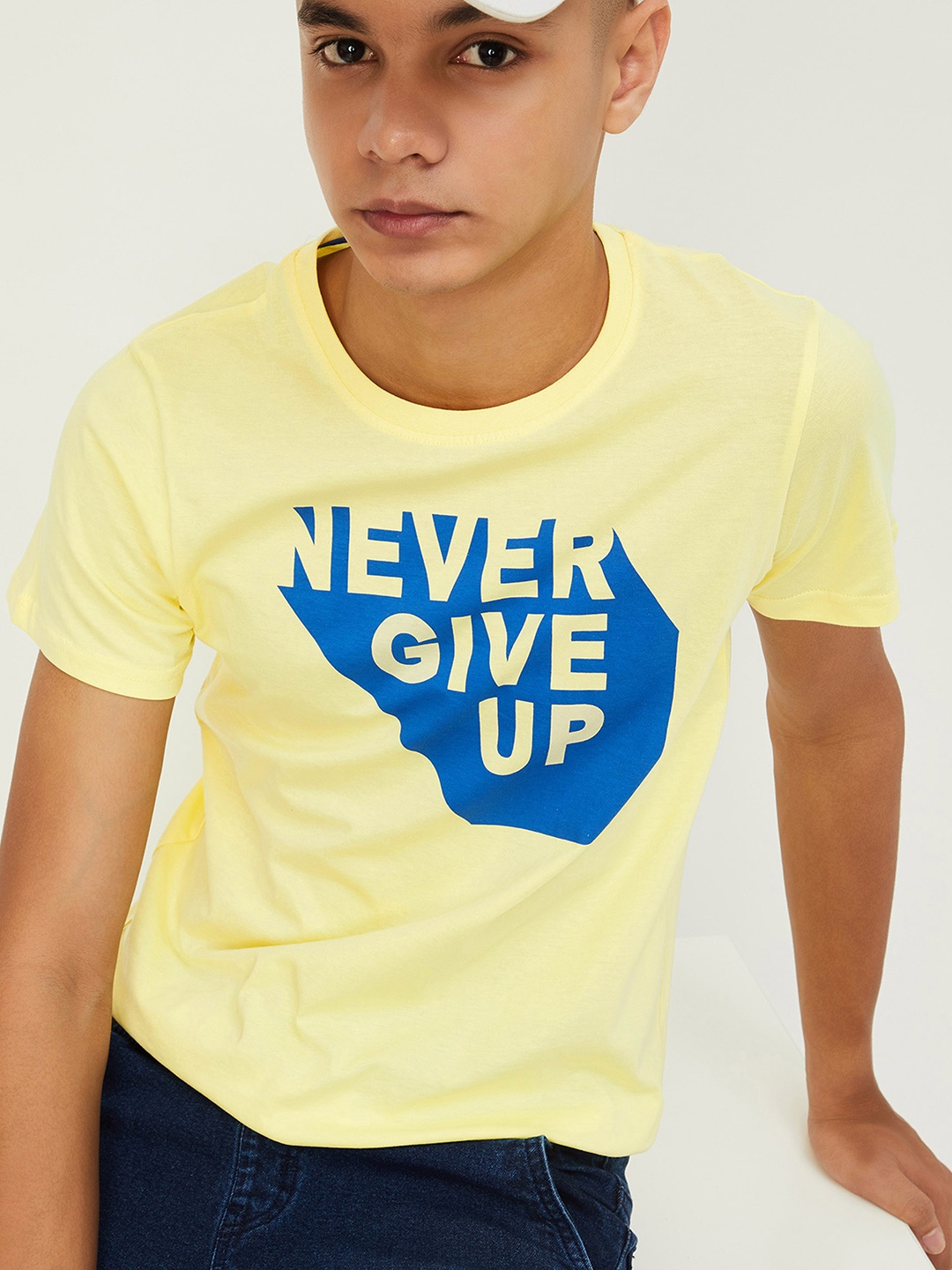 

max Boys Typography Printed Applique T-shirt, Yellow