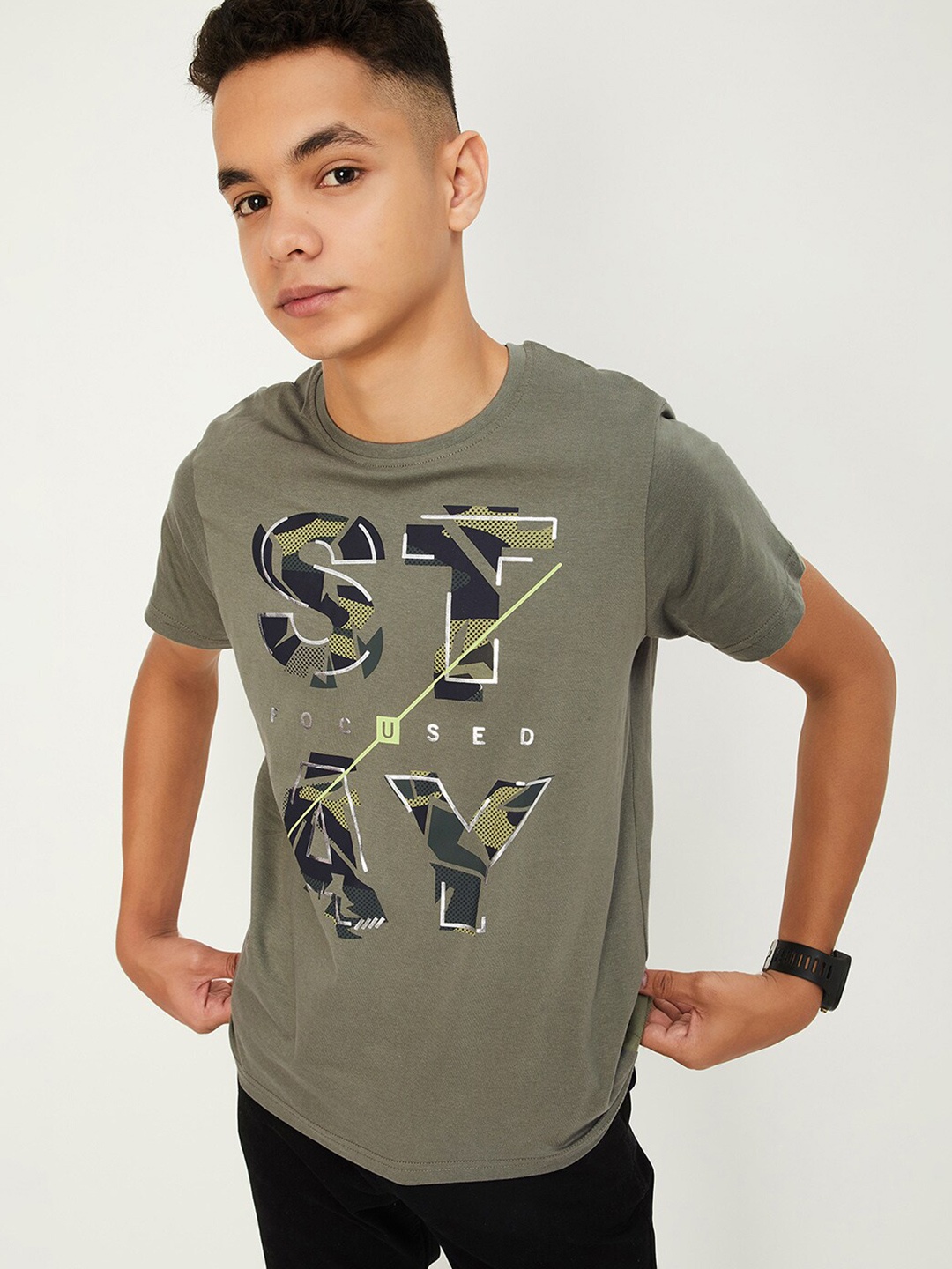 

max Boys Printed Raw Edge T-shirt, Olive