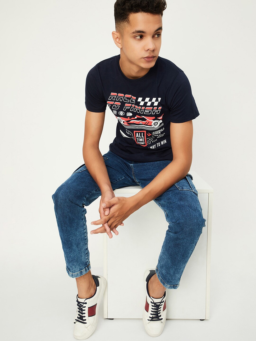 

max Boys Biker Printed Raw Edge T-shirt, Navy blue