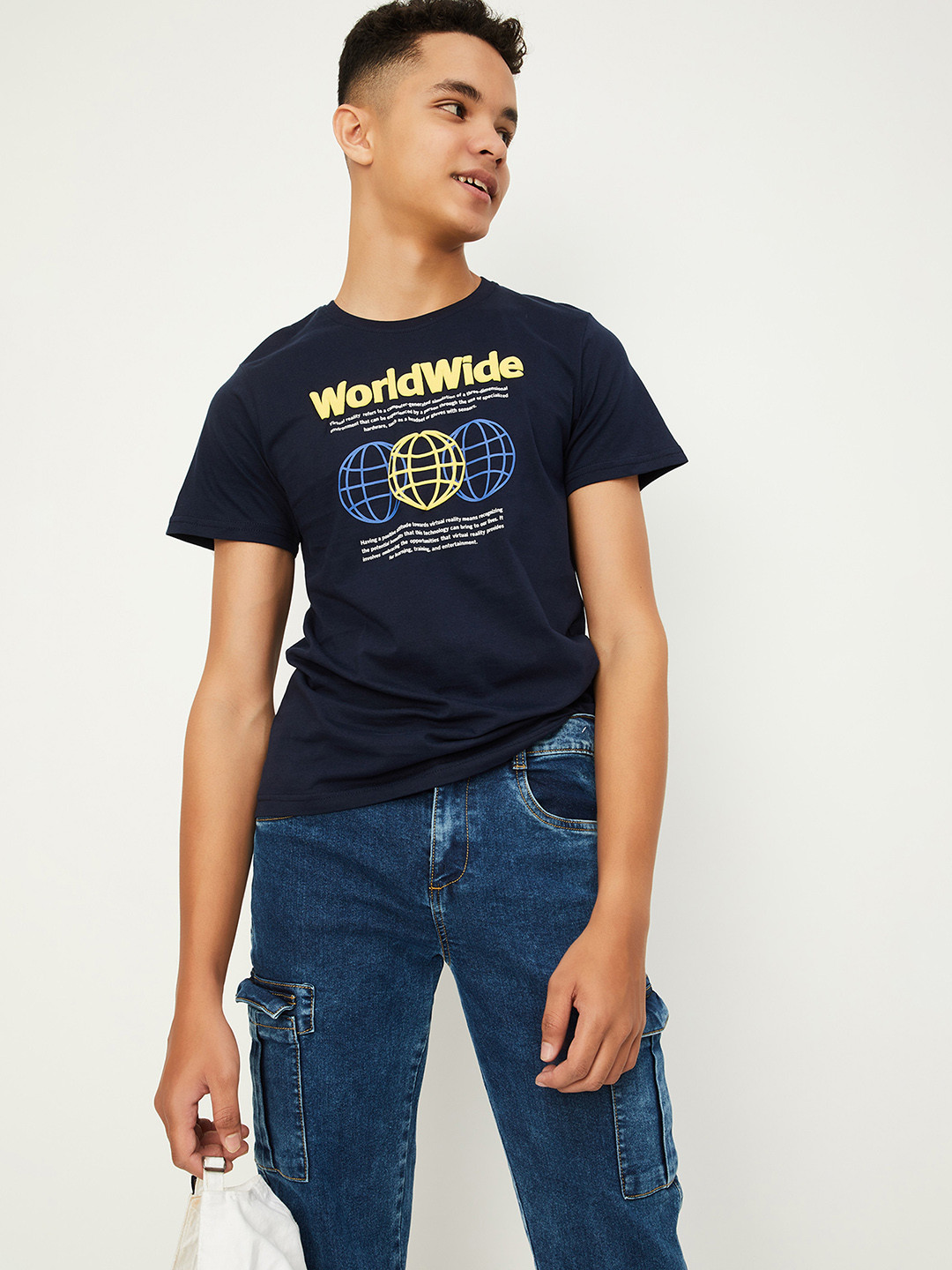 

max Boys Typography Printed Applique T-shirt, Navy blue