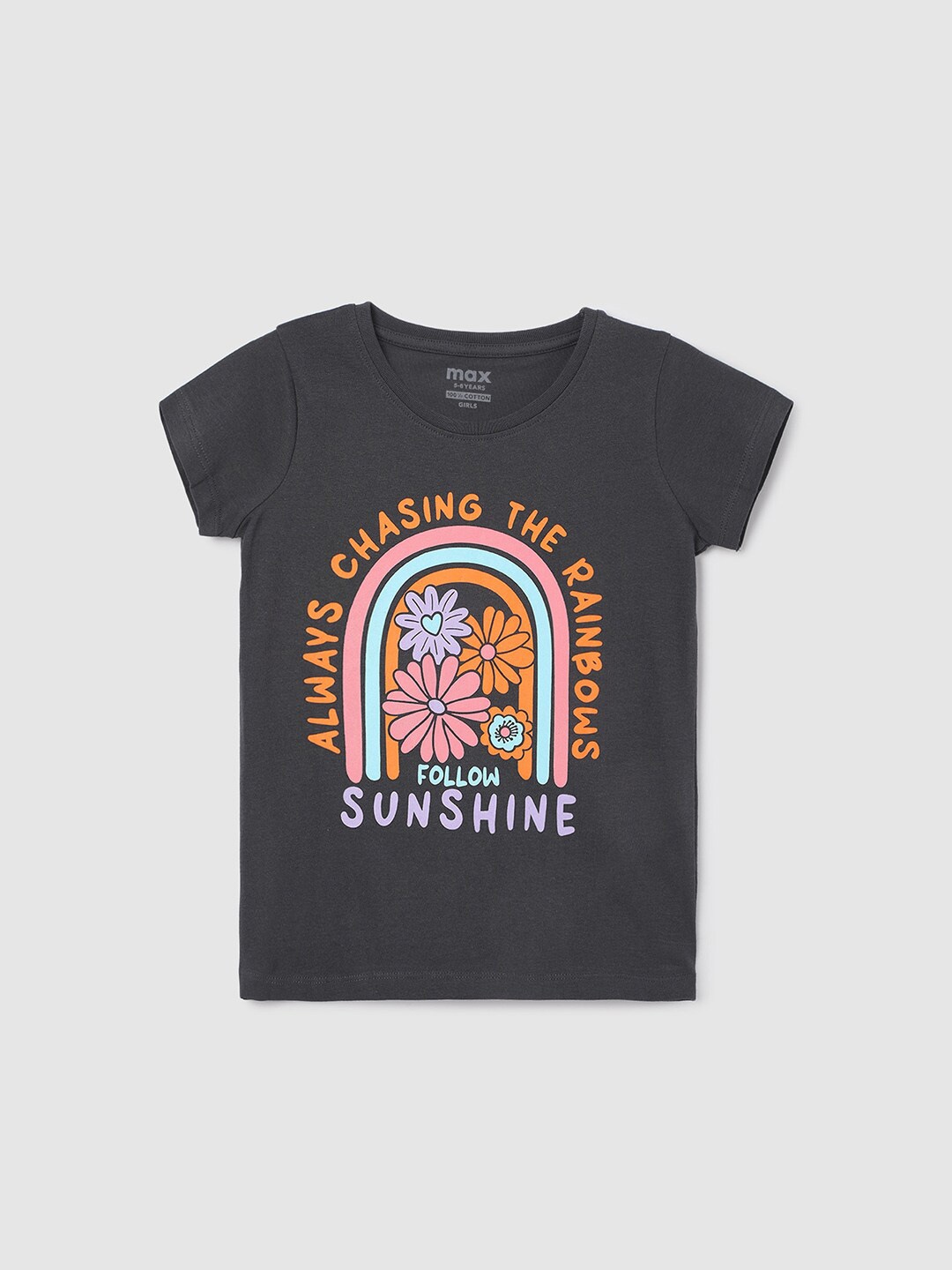 

max Girls Printed V-Neck Applique T-shirt, Grey