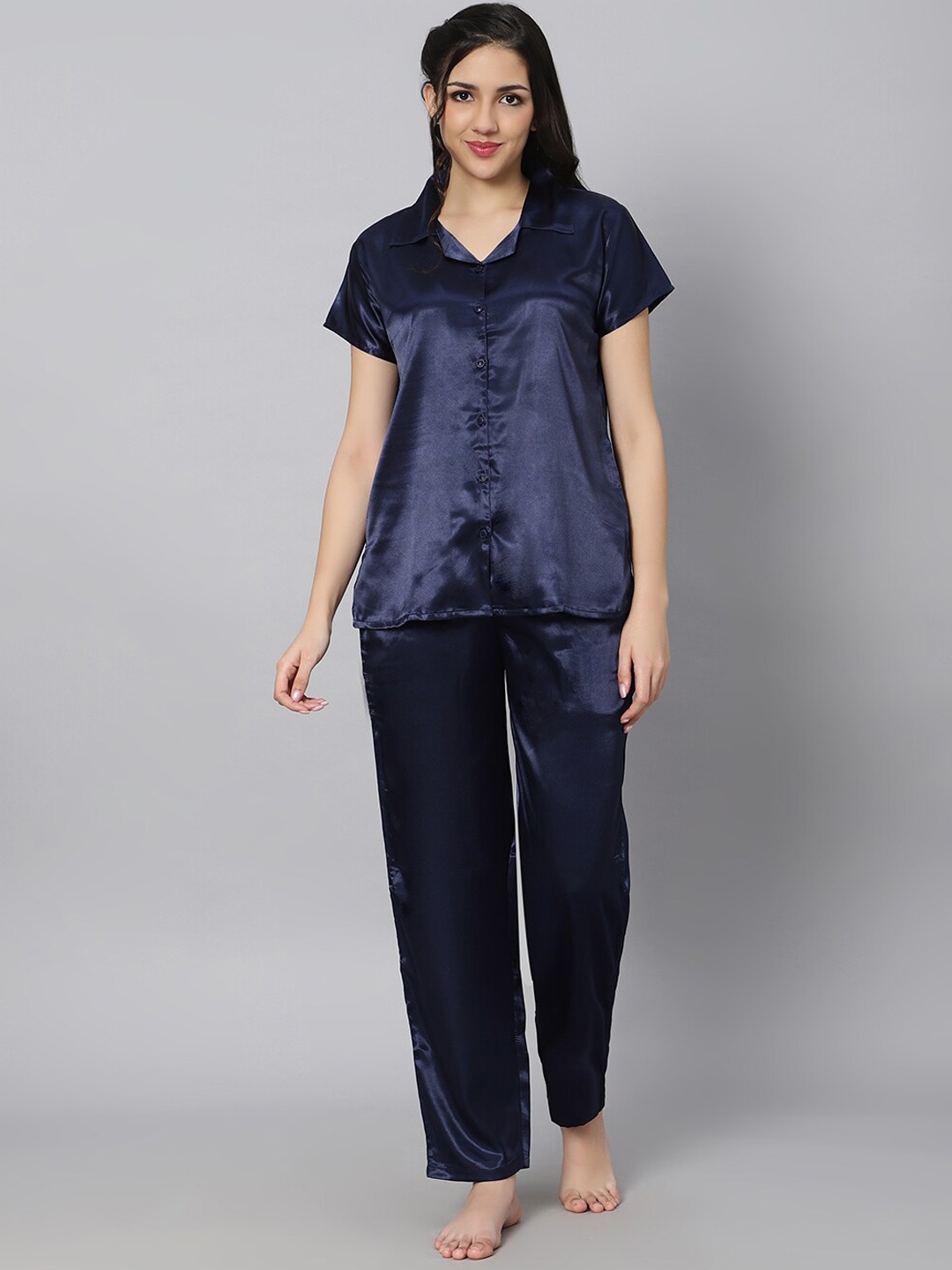 

QUIRA Lapel Collar Satin Night Suit, Navy blue