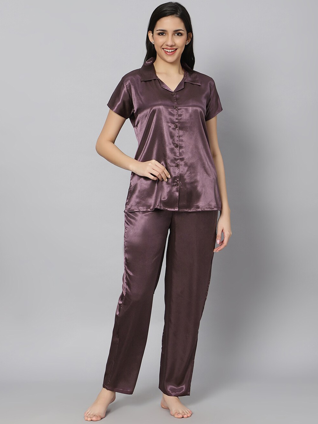 

QUIRA Lapel Collar Satin Night Suit, Coffee brown
