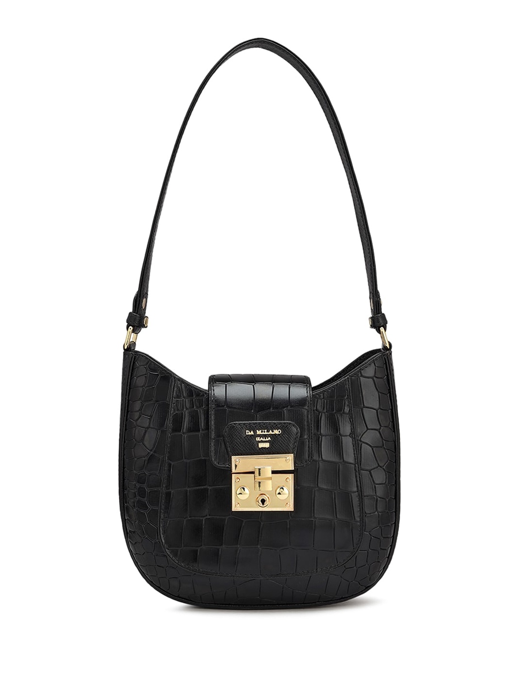 

Da Milano Textured Leather Half Moon Hobo Bag with Quilted, Black