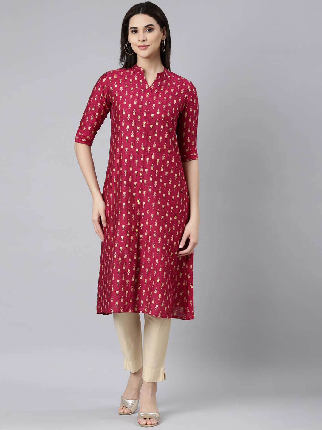 

Neerus Women Ethnic Motifs Printed Thread Work Kurta, Pink