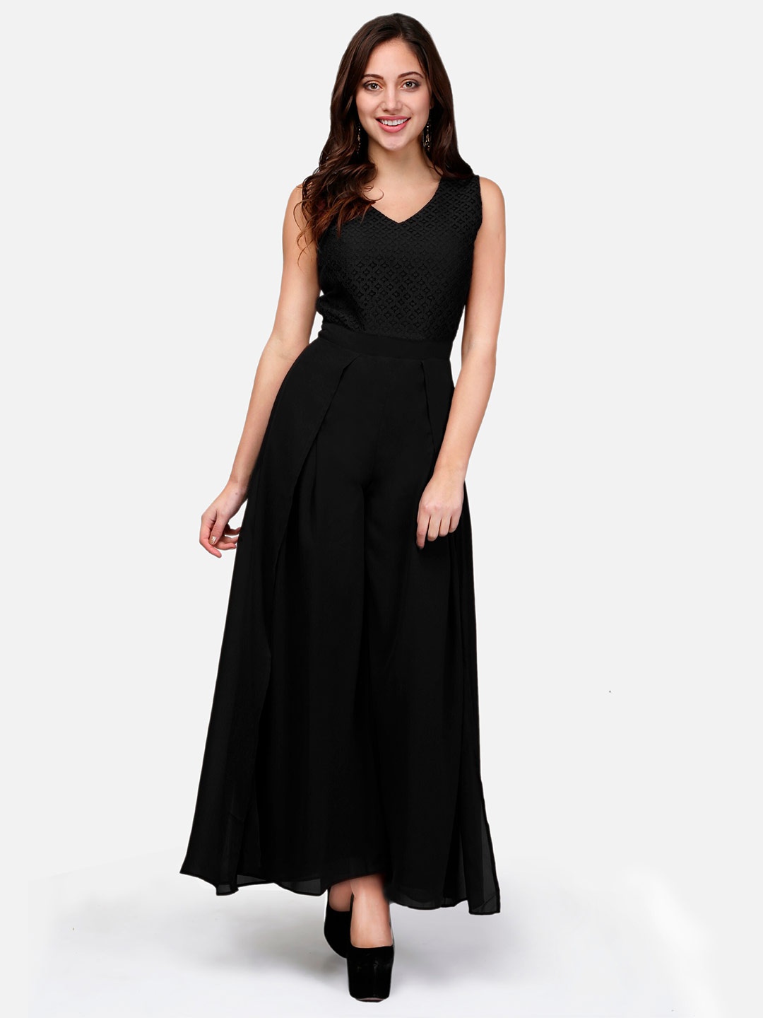 

V&M V-Neck Layered Basic Jumpsuit, Black