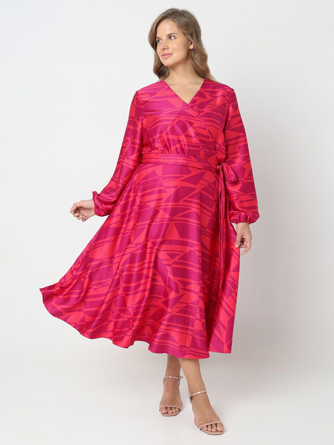 

VERO MODA CURVE Cuffed Sleeves Wrap Midi Dress, Pink