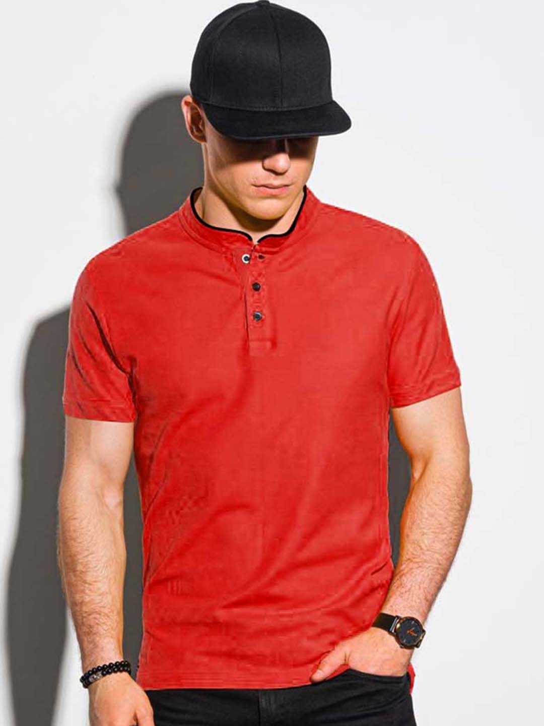 

BAESD Men Mandarin Collar Applique T-shirt, Red