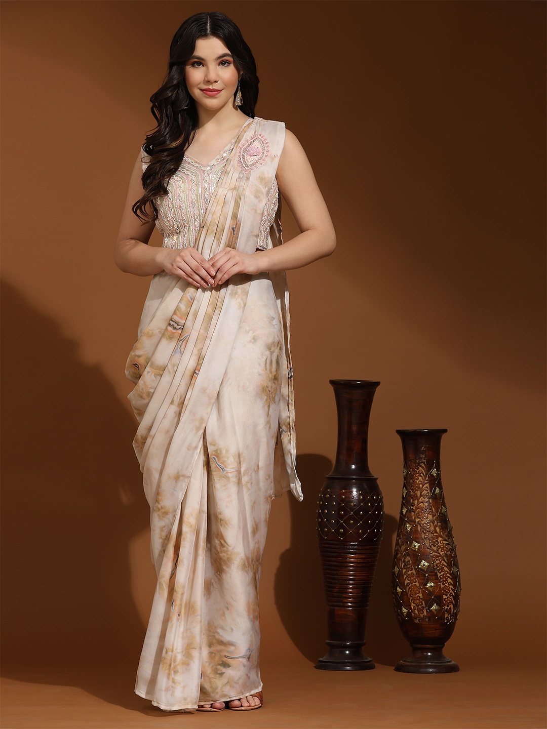 

AMOHA TRENDZ Floral Printed Satin Ready to wear Saree, Beige