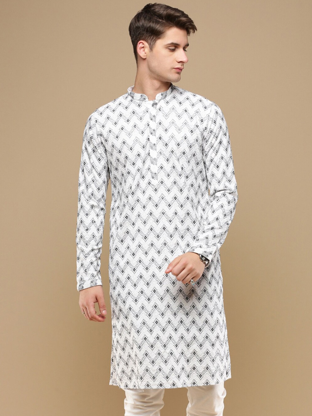 

Sanwara Men Geometric Thread Work Summer Sheers Kurta, White