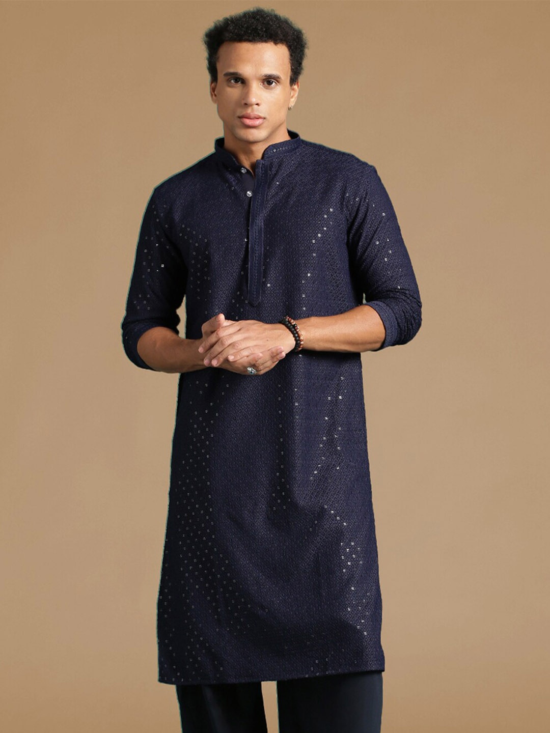 

Sanwara Men Flared Sleeves Thread Work Summer Sheers Kurta, Blue