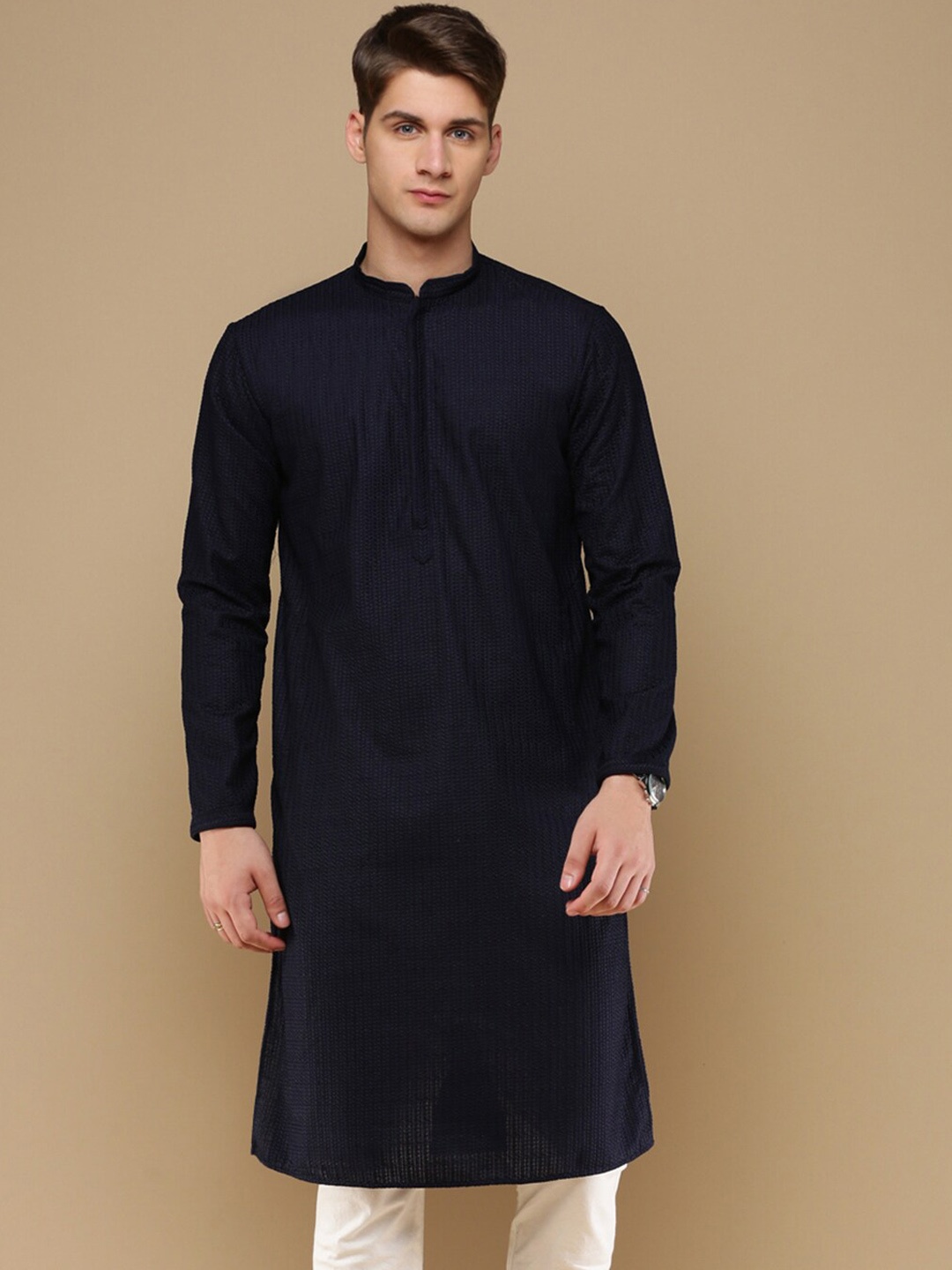 

Sanwara Men Striped Thread Work Summer Sheers Pathani Kurta, Blue