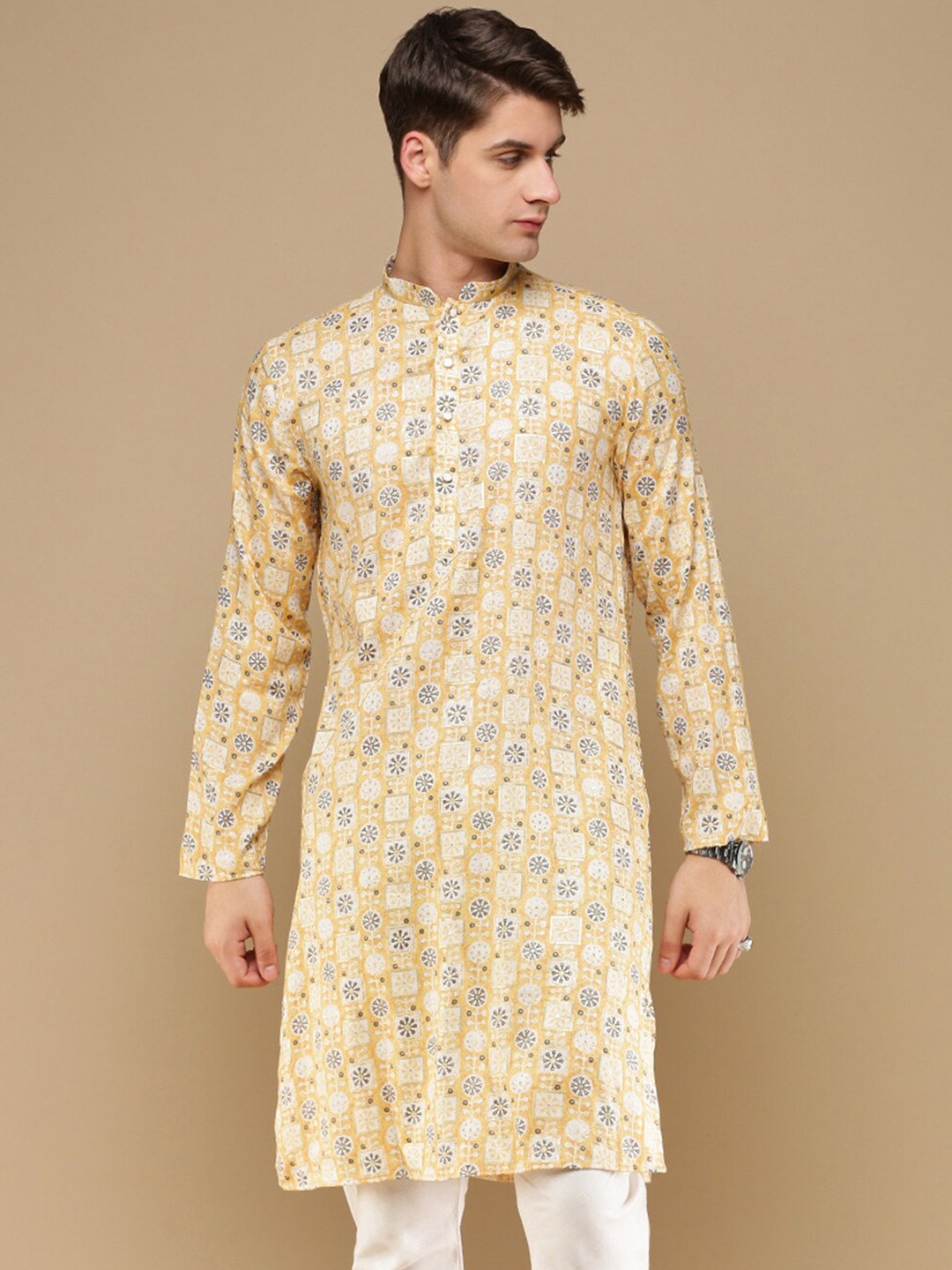 

Sanwara Men Floral Printed Thread Work Summer Sheers Kurta, Yellow
