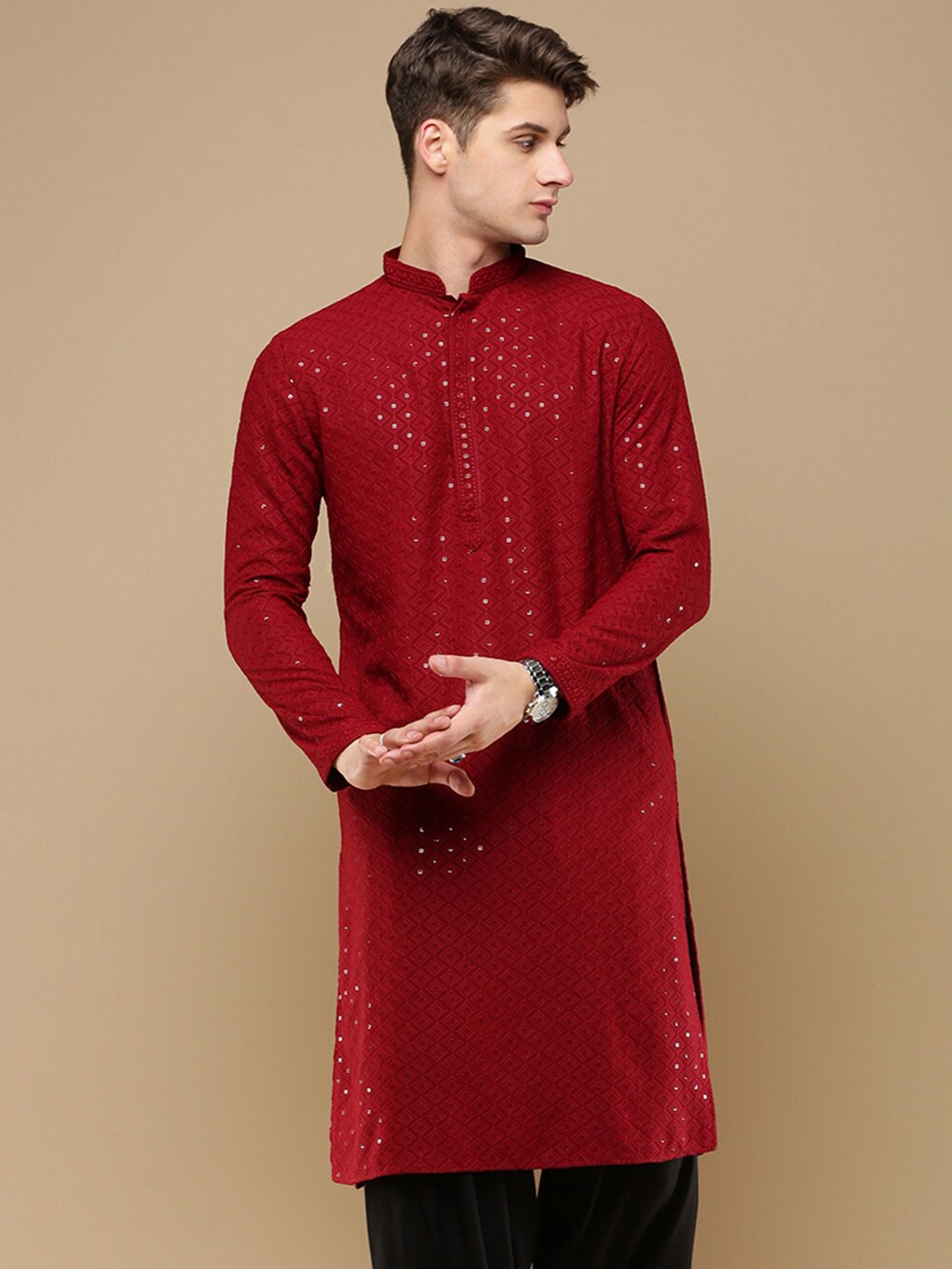 

Sanwara Men Cold-Shoulder Sleeves Thread Work Summer Sheers Kurta, Maroon