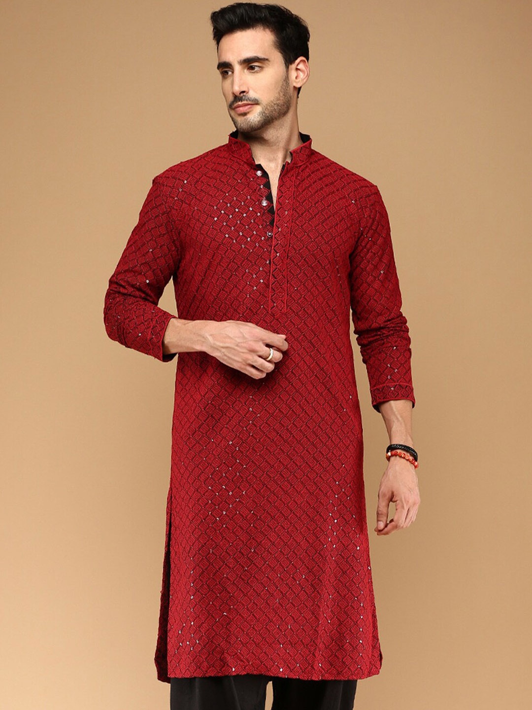 

Sanwara Men Floral Summer Sheers Kurta, Maroon