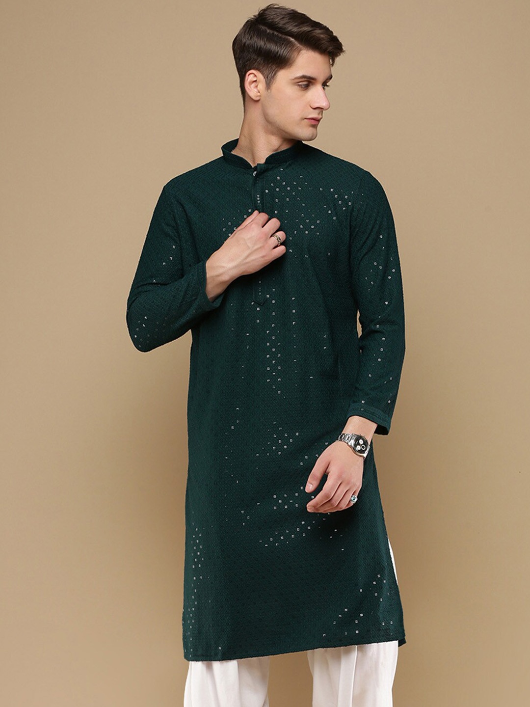 

Sanwara Men Embroidered Thread Work Summer Sheers Kurta, Green