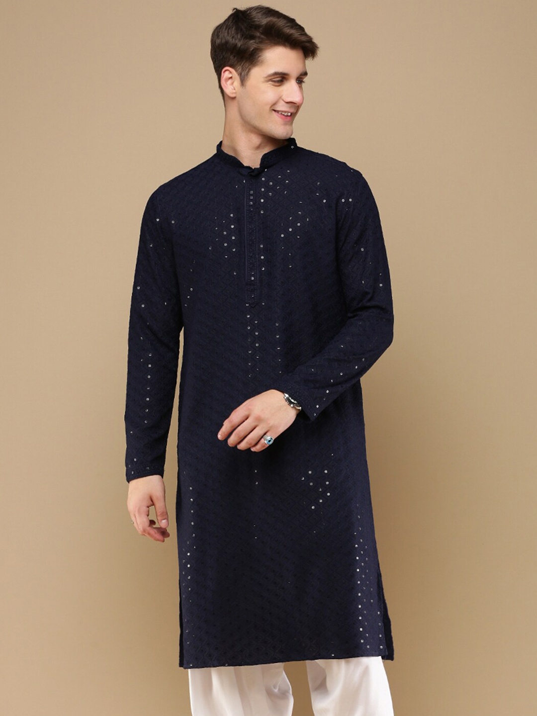 

Sanwara Men Geometric Embroidered Thread Work Summer Sheers Kurta, Blue