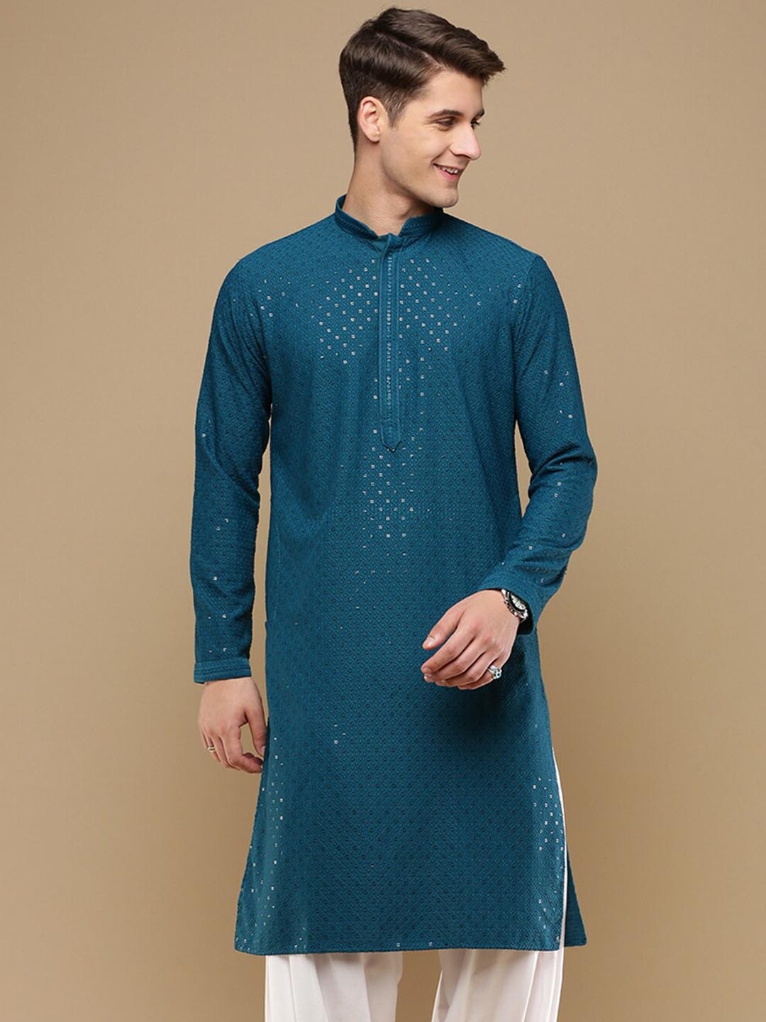 

Sanwara Men Geometric Thread Work Summer Sheers Kurta, Green