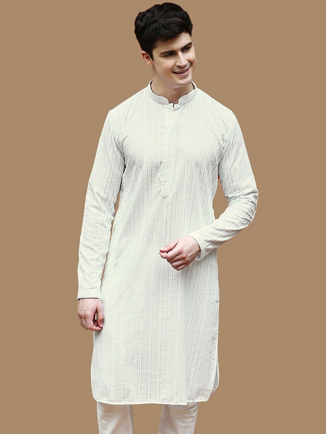 

Sanwara Men Striped Thread Work Summer Sheers Anarkali Kurta, Off white