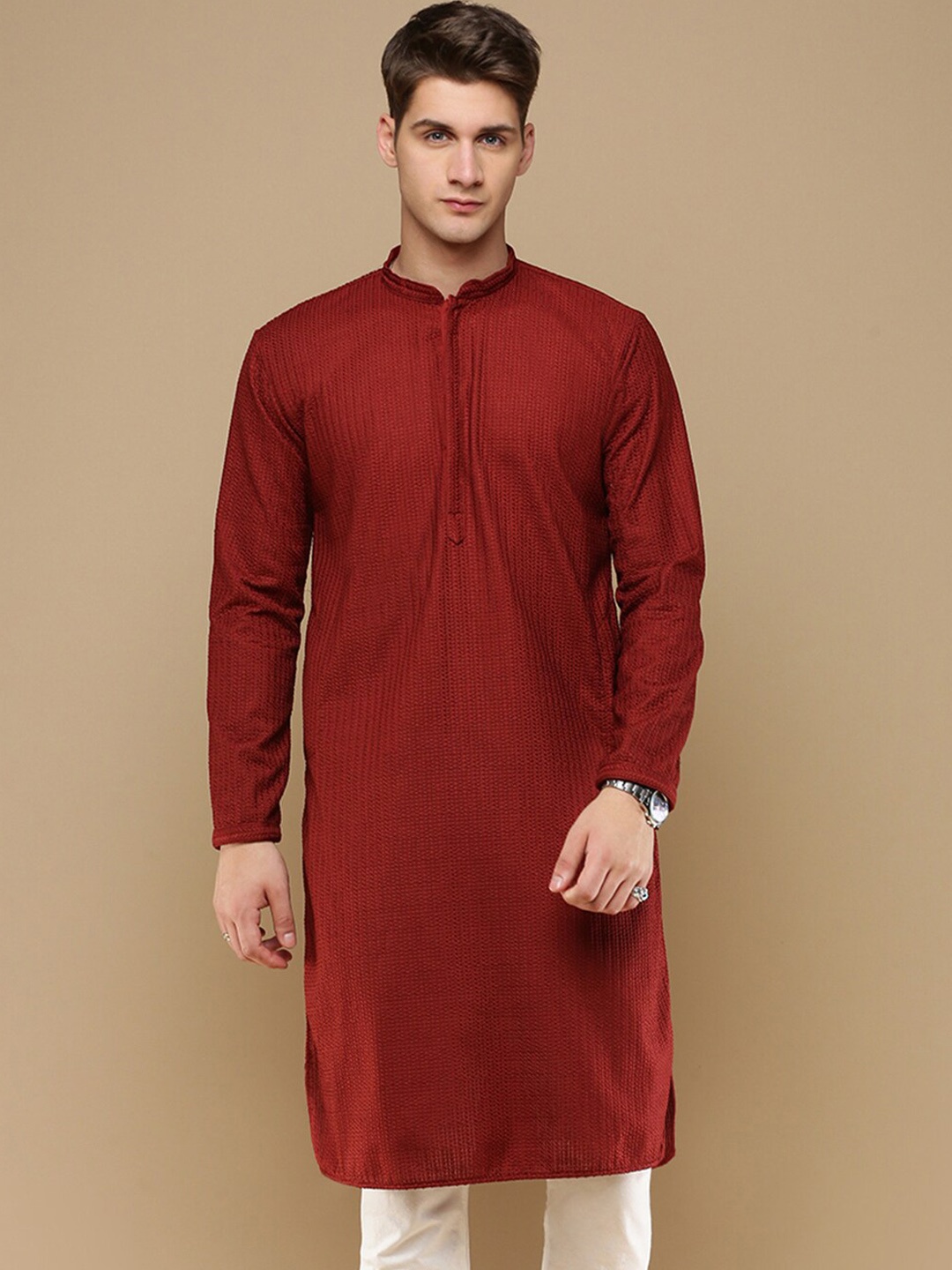 

Sanwara Men Thread Work Summer Sheers Pathani Kurta, Maroon