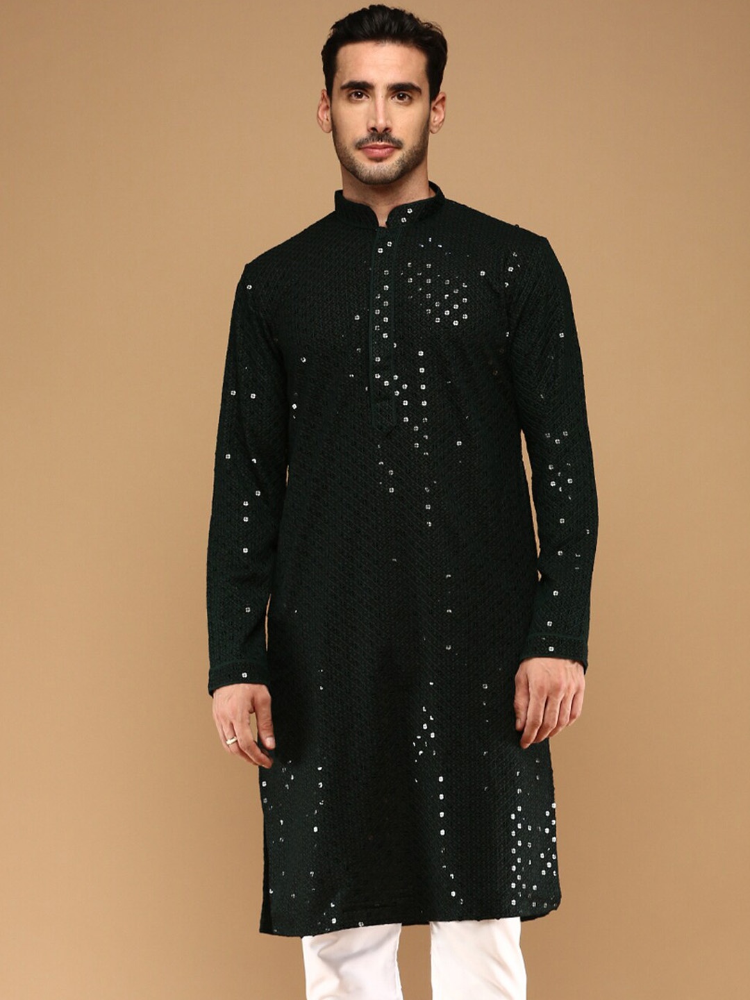

Sanwara Men Geometric Printed Cold-Shoulder Sleeves Thread Work Summer Sheers Kurta, Green