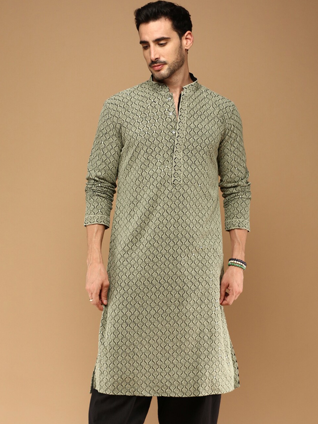 

Sanwara Men Printed Mirror Work Summer Sheers Kurta, Green