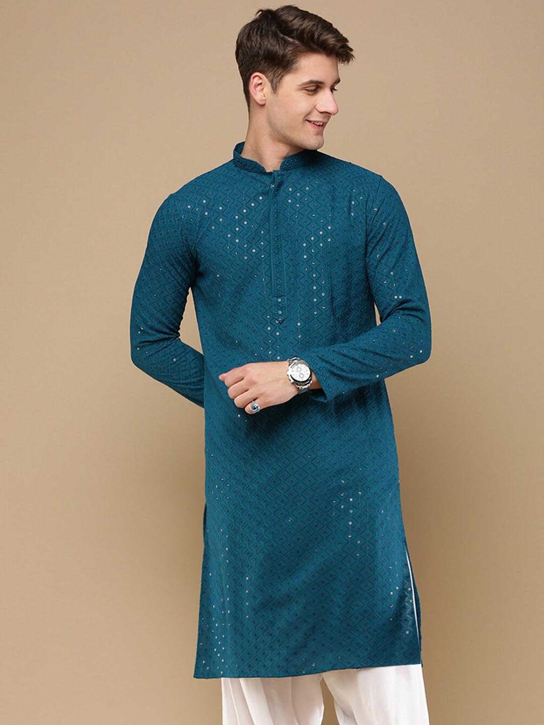 

Sanwara Men Geometric Thread Work Summer Sheers Kurta, Green