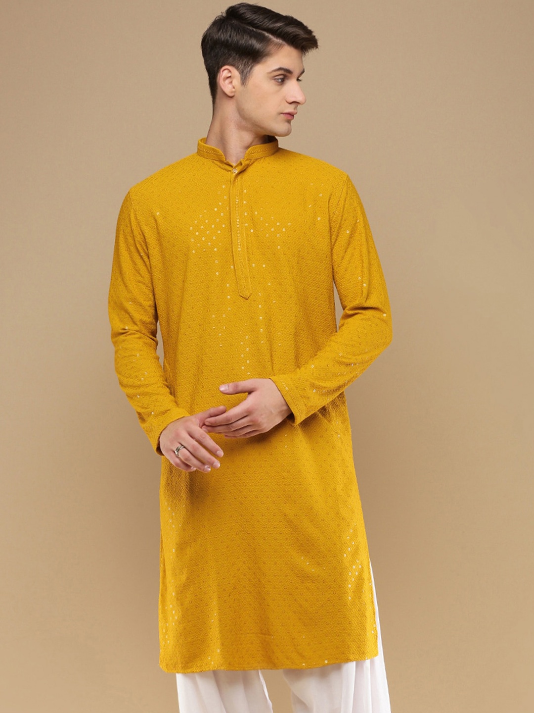 

Sanwara Men Thread Work Summer Sheers Anarkali Kurta, Mustard