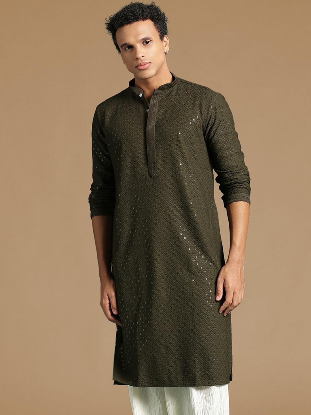 

Sanwara Men Geometric Thread Work Summer Sheers Kurta, Olive