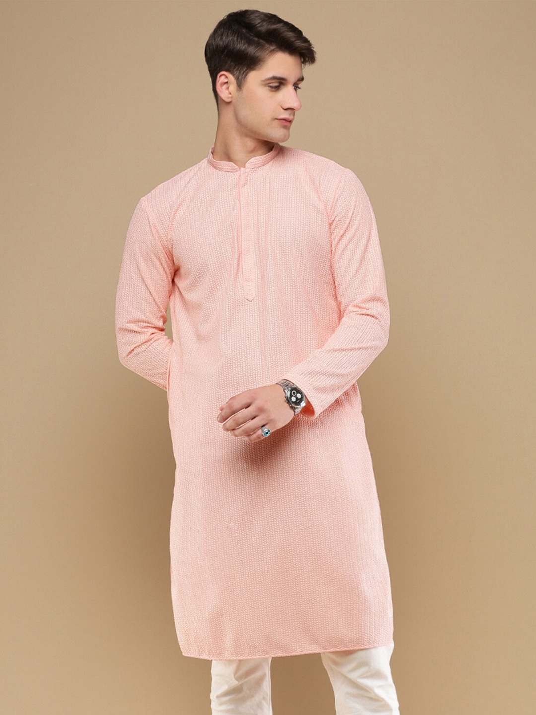 

Sanwara Men Flared Sleeves Thread Work Summer Sheers Anarkali Kurta, Pink