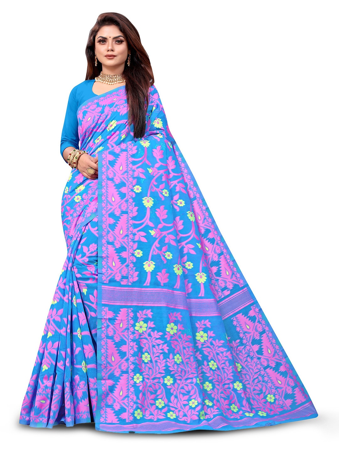 

ANISSA SAREE Floral Woven Design Jamdani Saree, Turquoise blue