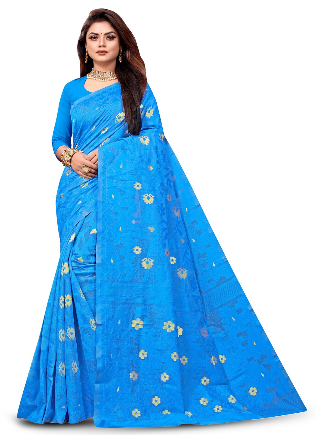 

ANISSA SAREE Floral Woven Design Jamdani Saree, Turquoise blue