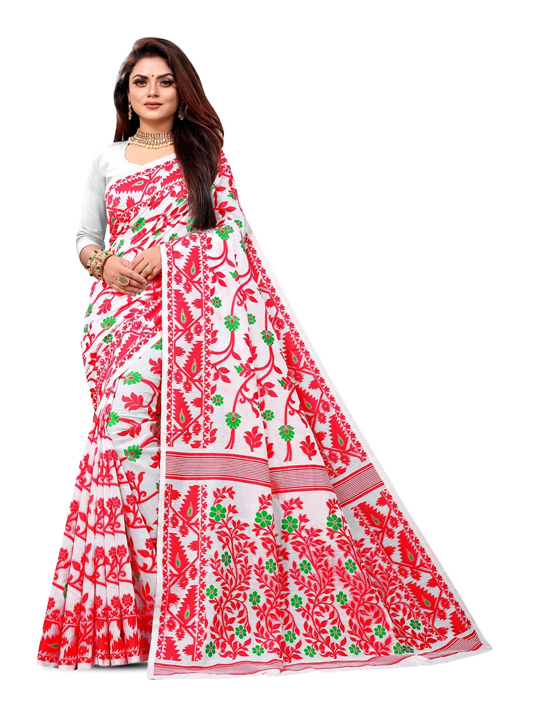 

ANISSA SAREE Floral Woven Design Jamdani Saree, White