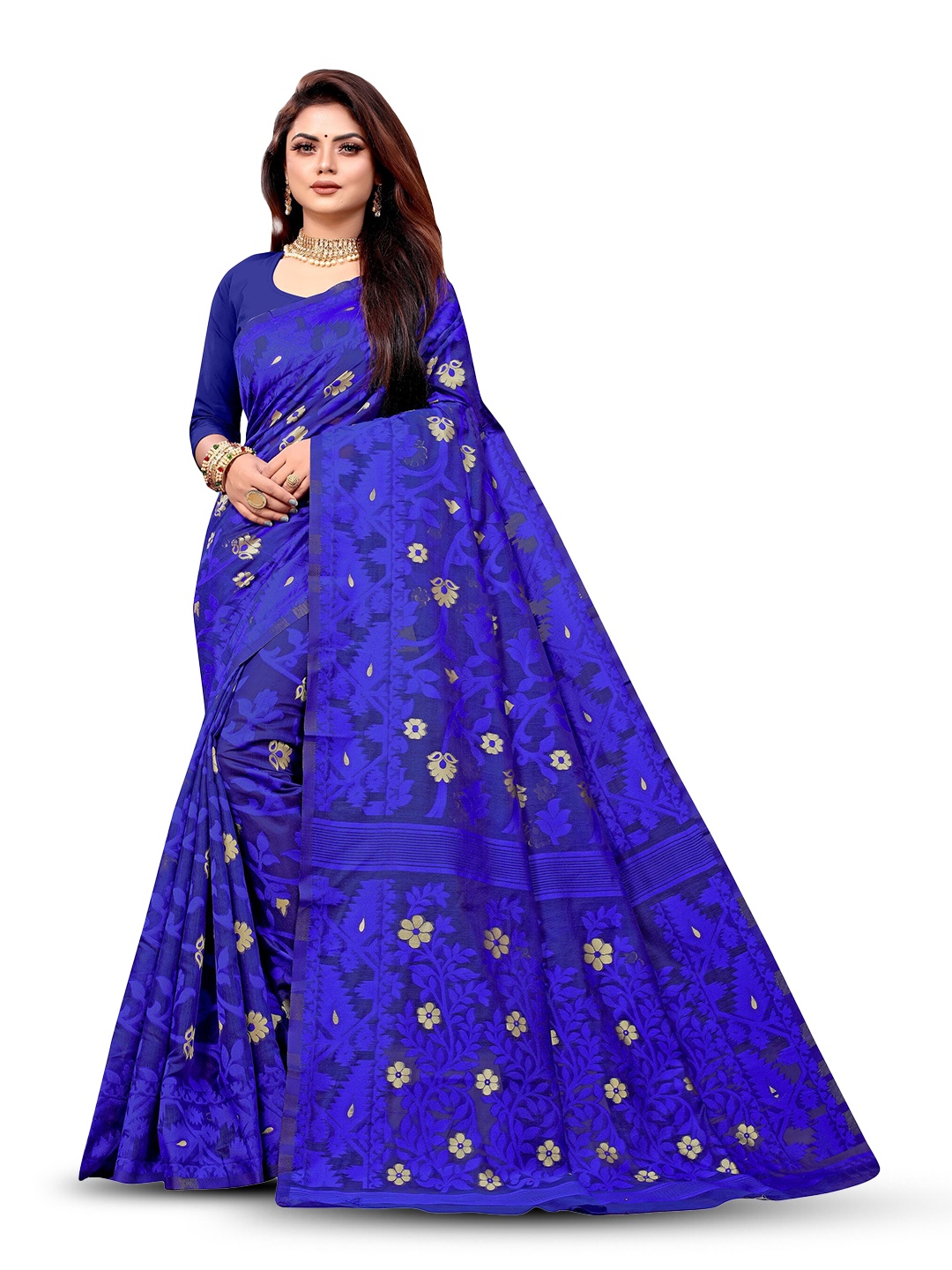 

ANISSA SAREE Floral Woven Design Jamdani Saree, Blue