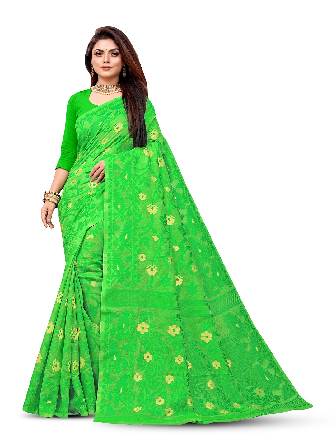 

ANISSA SAREE Floral Woven Design Jamdani Saree, Green