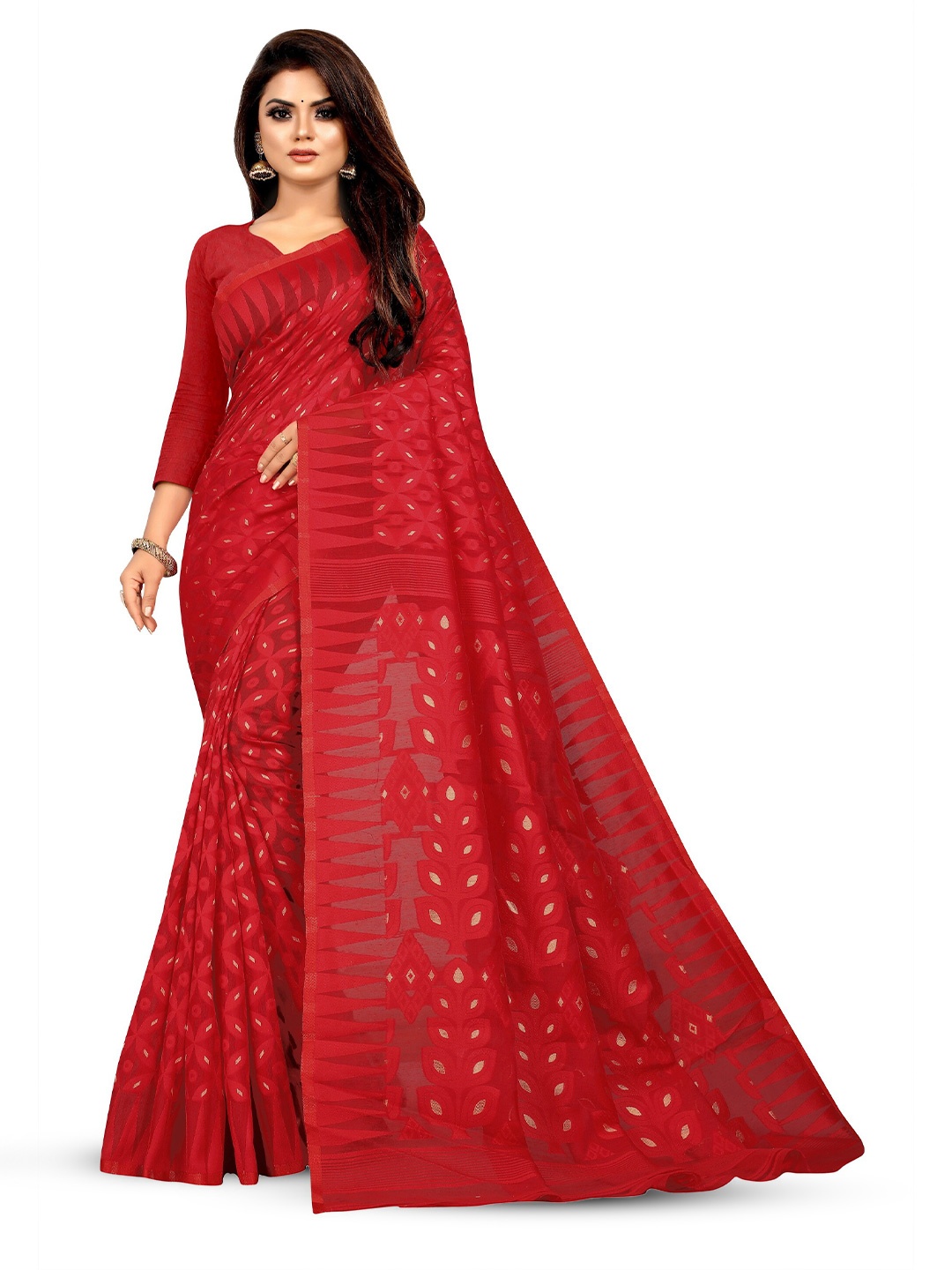 

ANISSA SAREE Floral Woven Design Jamdani Saree, Red